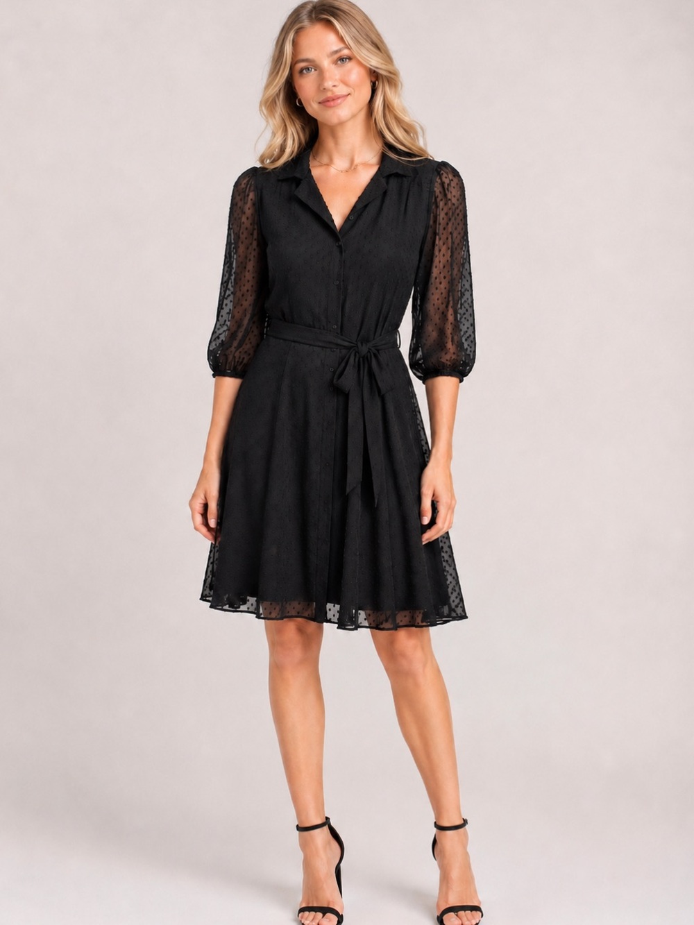NWT Nanette Lepore Black Swiss Dot Sheer Sleeve Midi Dress Size 8